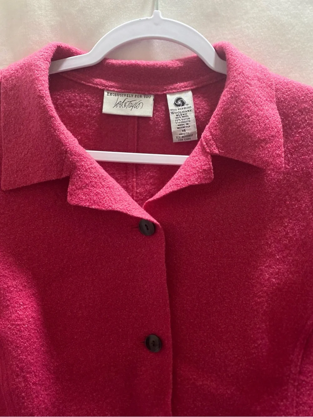 Lord & Taylor hot pink wool button front blazer women patch pockets  14’ Vintage